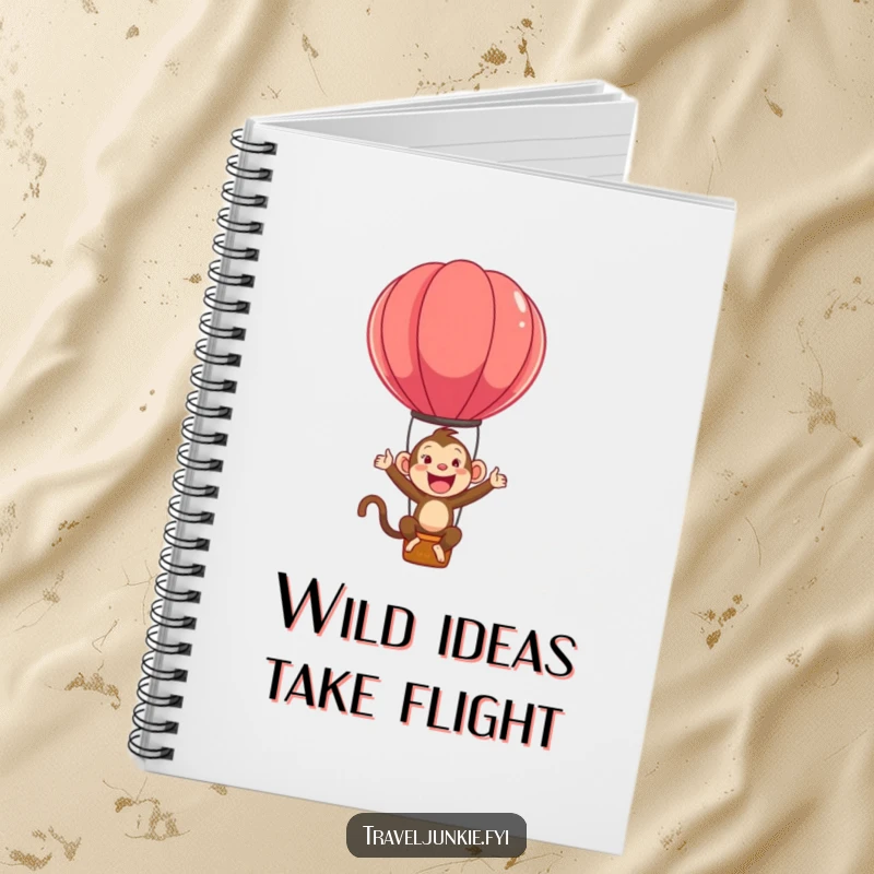Funny notebook with an ecstatic monkey character bouncing on a hot air balloon, perfect for capturing fun notes.