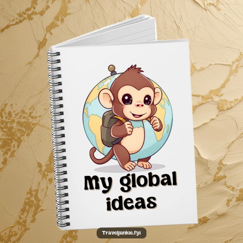 Funny notebook: a curious monkey with a backpack peeks from behind a globe, ideal for journaling explorations and ideas.