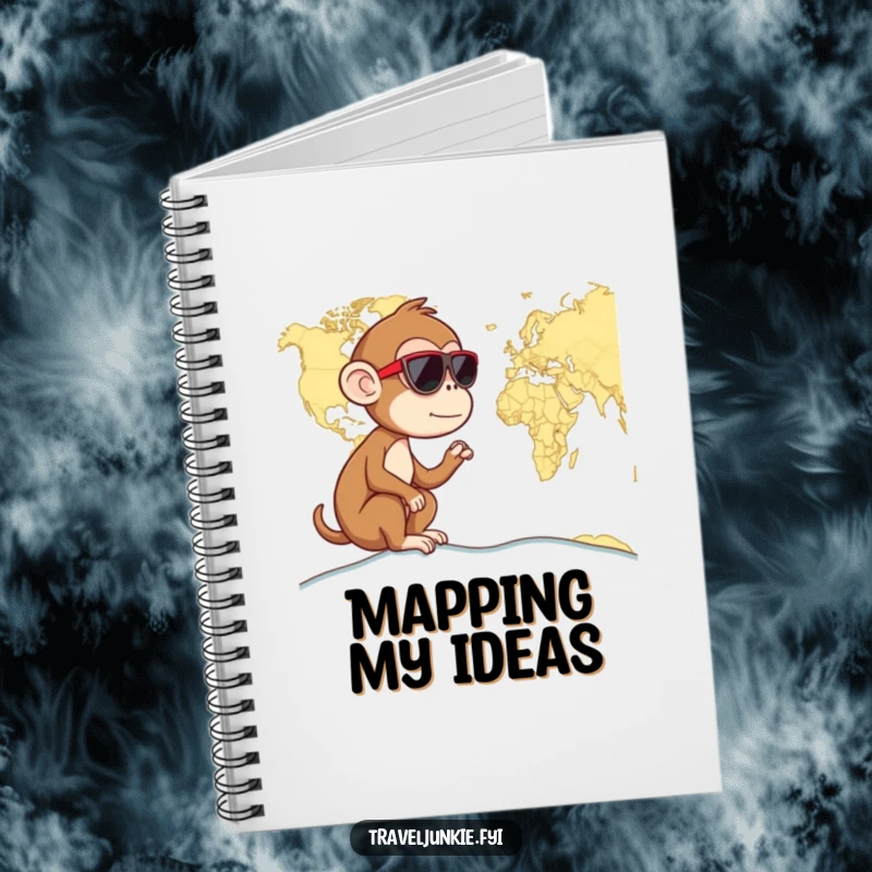 Funny monkey wearing sunglasses, looking at a world map, ideal for travel planning, humorous notebook gift.