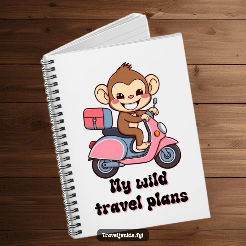 Funny beaming monkey riding a suitcase like a scooter on a notebook, for planning travels humorously.