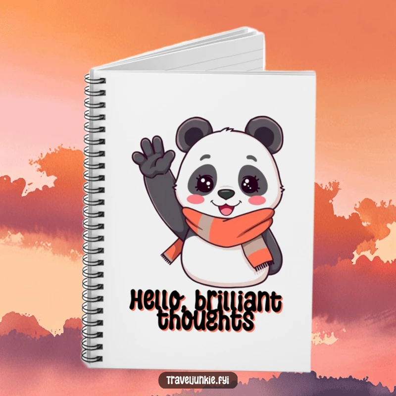 Funny notebook: a cheerful panda wearing a travel scarf enthusiastically waves hello, ideal for journaling travels and friendly notes.