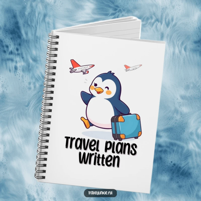 Funny penguin character waddling with a suitcase towards a plane, ready to capture travel stories in a notebook.
