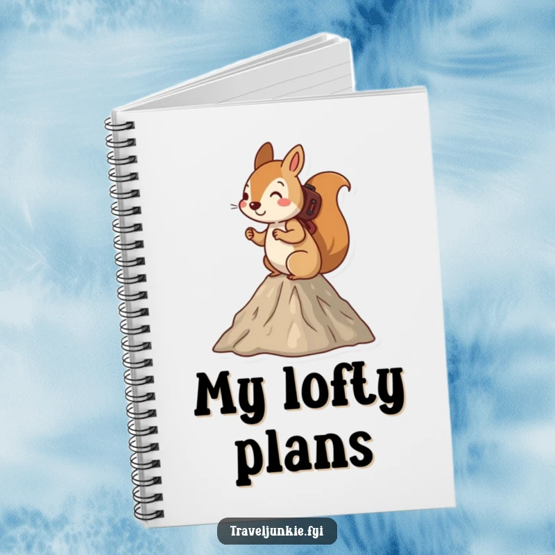 Funny squirrel notebook, cover features a determined squirrel hiking up a small mountain, inspiring adventure and creativity.