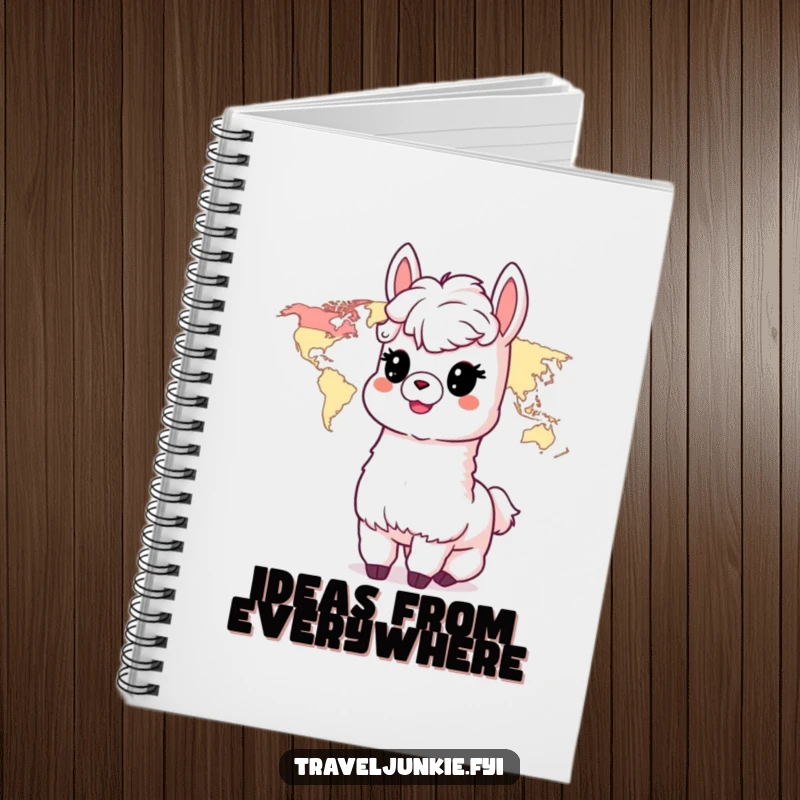 Funny Alpaca Notebook: A delighted alpaca character dreams of travel with a world map, perfect for jotting down ideas.