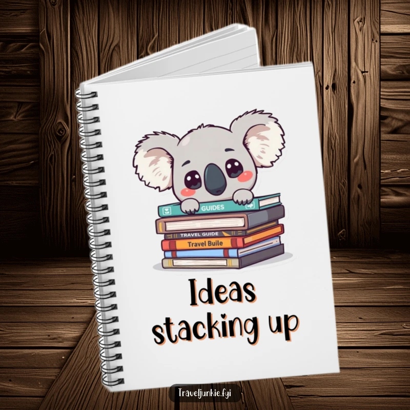 Funny koala character peeking from travel guides with big eyes, ready to record adventures in a notebook.
