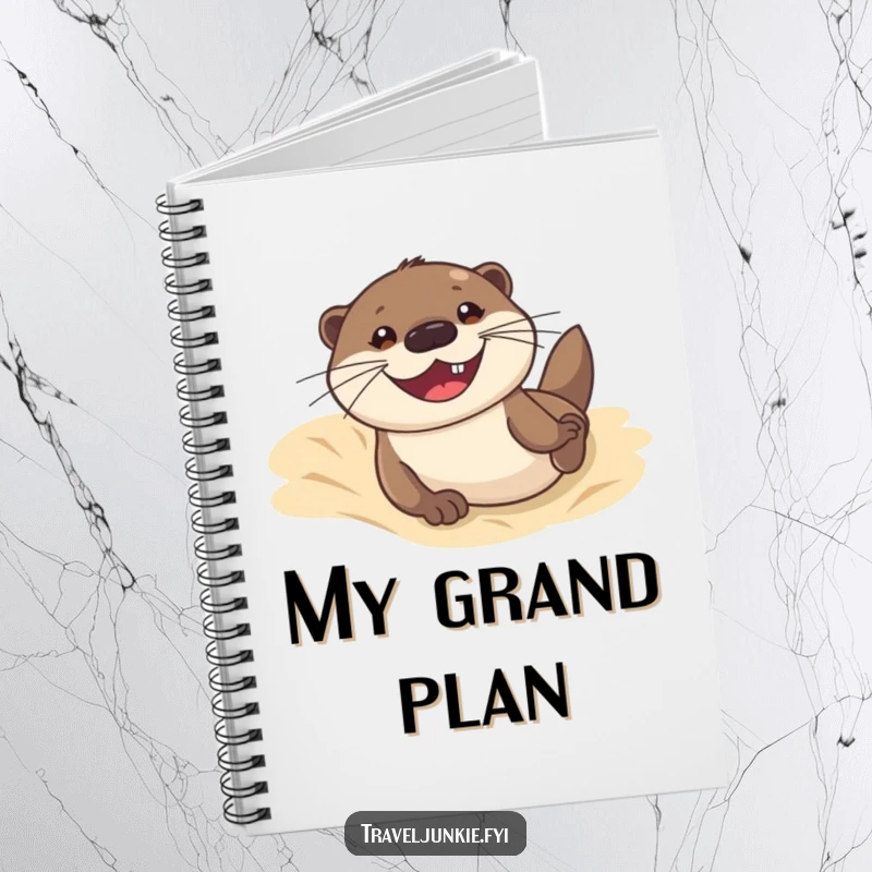 Funny notebook cover featuring an otter sliding down a sand dune with a grin, ideal for jotting down notes with a beachy, humorous design.