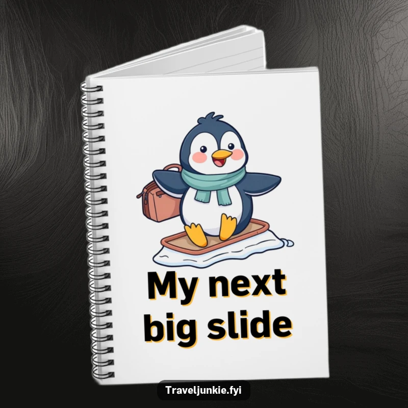 Funny penguin character sliding on ice with a travel bag, designed for jotting down travel plans, a funny gift notebook.