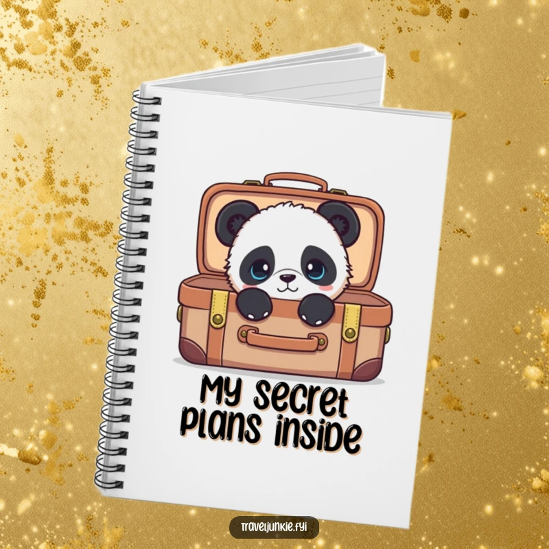 Funny panda notebook, perfect for writing plans, with a curious character peeking from a suitcase, a humorous gift.
