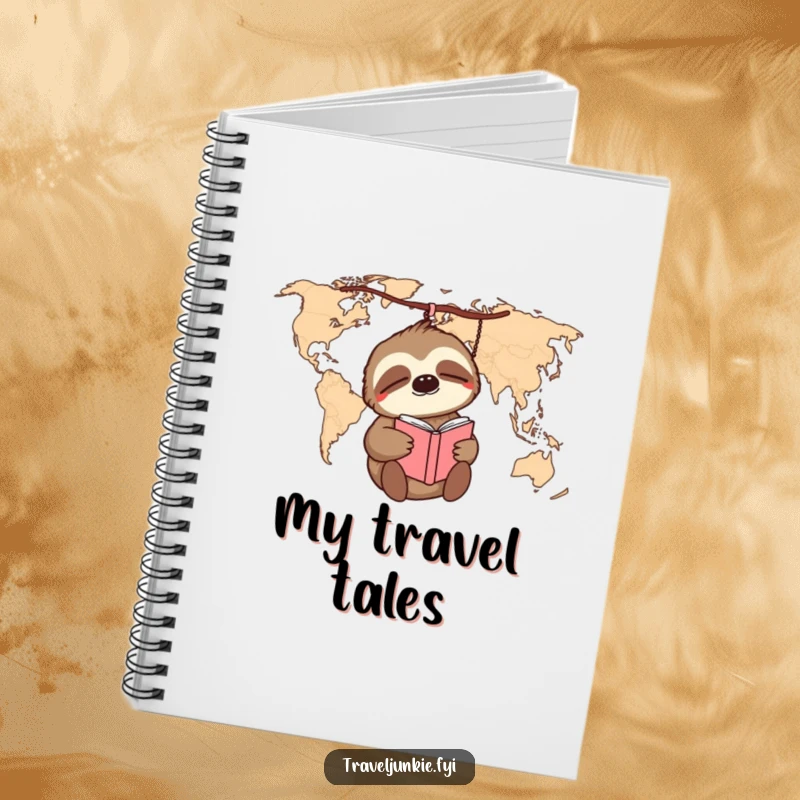Funny sloth on a world map with a journal on a notebook cover, a humorous and functional item.