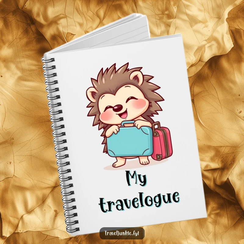 Funny hedgehog notebook with a cheerful character joyfully posing with a tiny suitcase, ideal for planning trips and notes.