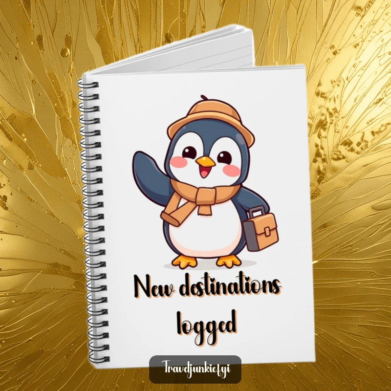 Funny penguin with a suitcase waving goodbye, perfect for writing travel plans, humorous notebook gift.