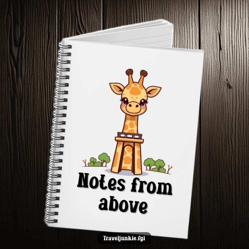 Funny giraffe character peering over a tall landmark, shown on the cover of a notebook, encouraging thoughtful writing.