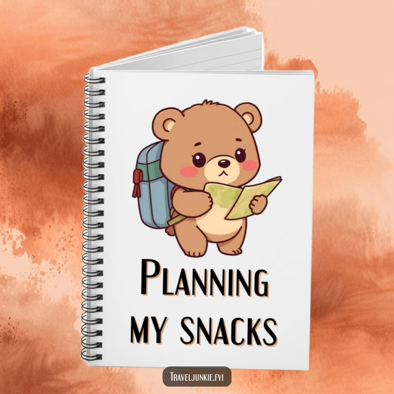 Funny bear notebook with a determined character holding a map and backpack, inspiring humorous planning and exploration.