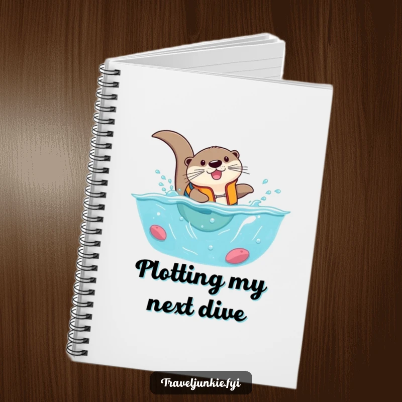 Funny otter in a life vest, comically diving into a tiny ocean, a humorous notebook for notes and plans.