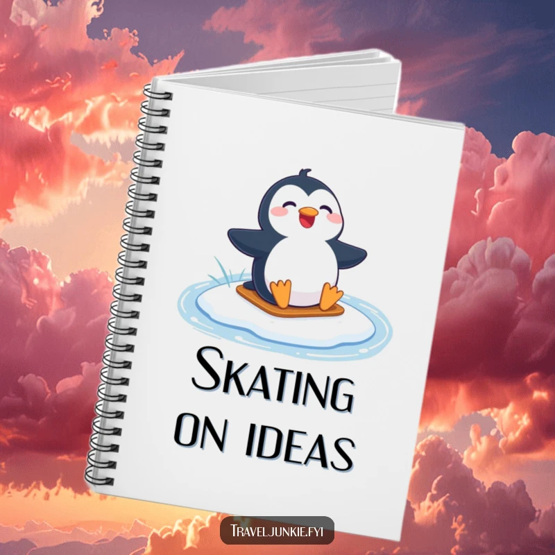 Funny notebook featuring a joyful penguin character sliding on a frozen lake, perfect for capturing fun thoughts.