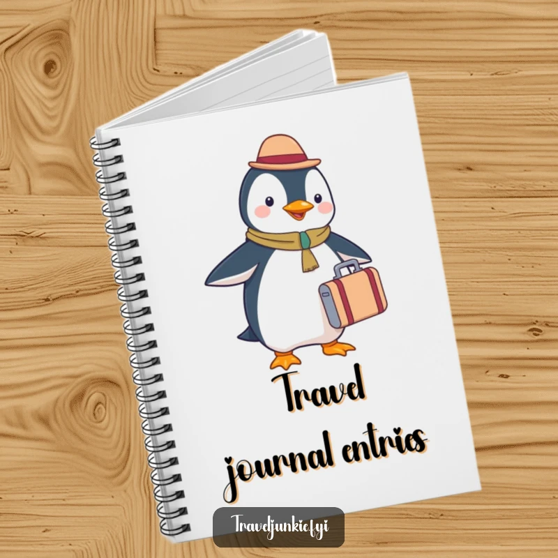 Funny penguin tourist notebook, holding a tiny suitcase, durable cover, for jotting notes and travel plans.