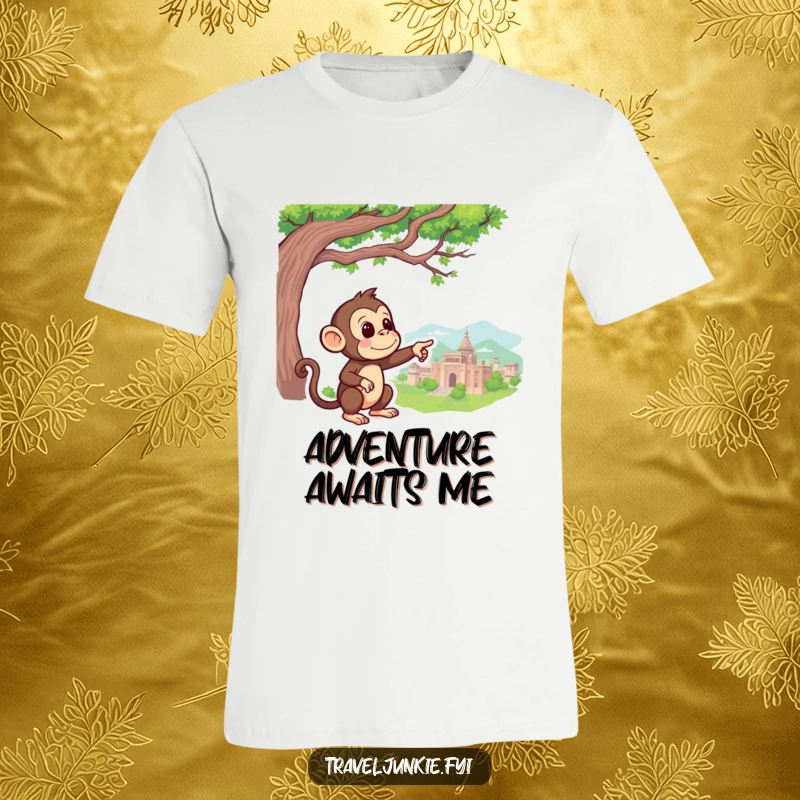 Funny Monkey T-Shirt: A curious monkey is pointing excitedly at a distant landmark, inspiring adventure.