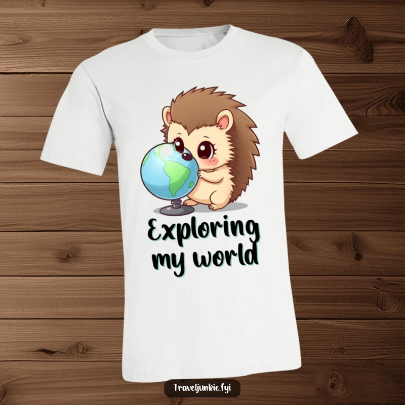 Funny hedgehog t-shirt featuring a curious character with wide eyes, examining a globe, showcasing humorous wonder and a desire to explore.