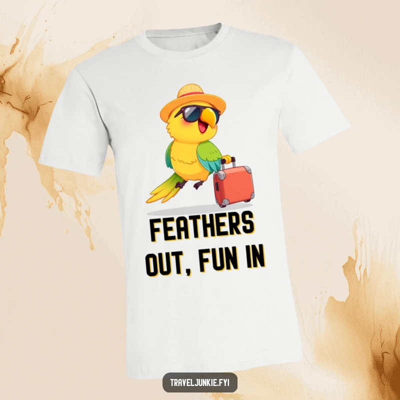 Funny t-shirt: a happy parrot in a straw hat and sunglasses zooms with a suitcase, showcasing vibrant vacation humor.