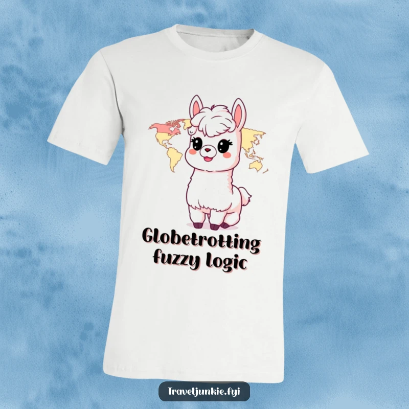 Funny Alpaca T-Shirt: A delighted alpaca character eagerly studies a world map, ready for its next big adventure.
