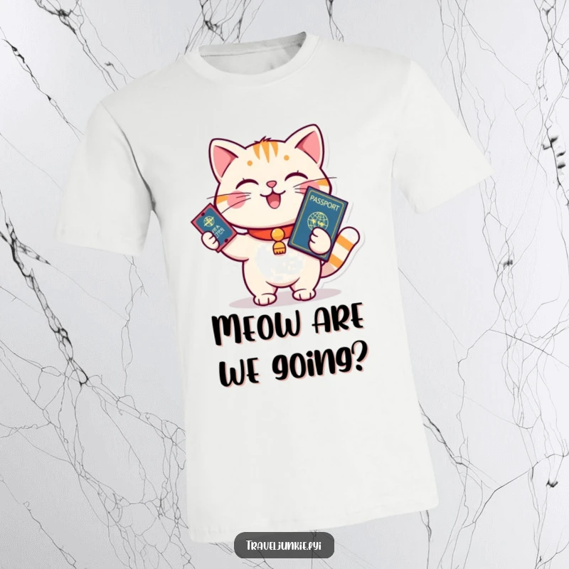 Funny cat holding a passport and boarding ticket, ready for travel, perfect funny t-shirt gift.