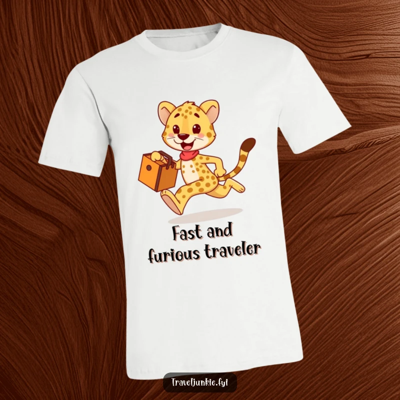 Funny cheetah t-shirt, happy bird sprinting with a travel bag, perfect humorous travel gift for him or her.