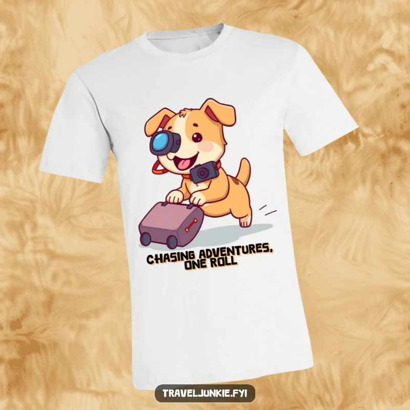 Funny dog t-shirt, a playful dog wearing a camera, chasing a rolling suitcase, capturing travel moments.