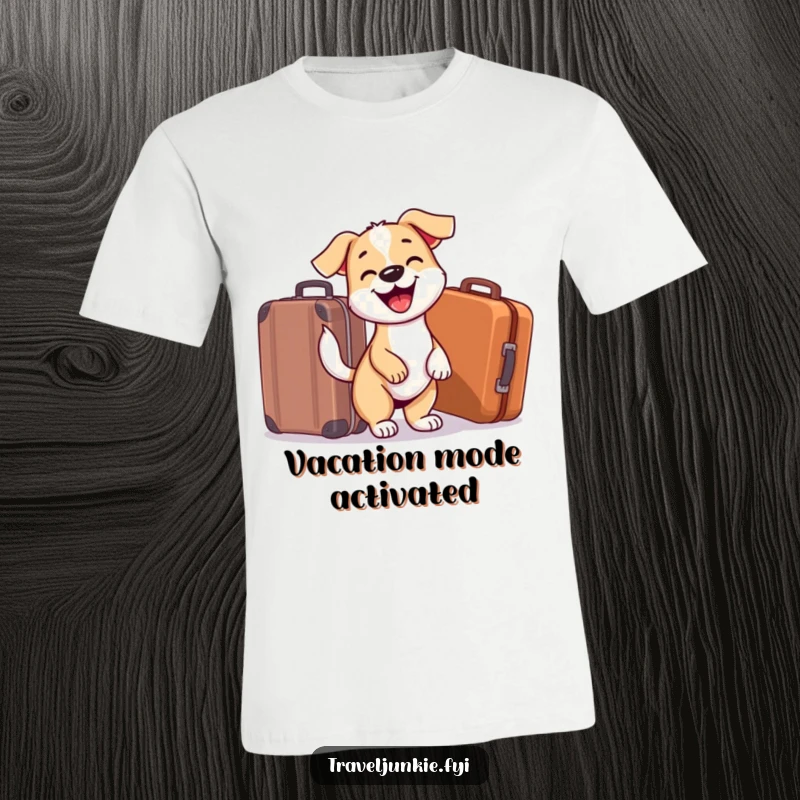 Funny Dog T-Shirt: Happy dog wagging tail excitedly beside a suitcase, embodying the thrill of travel and canine companionship.