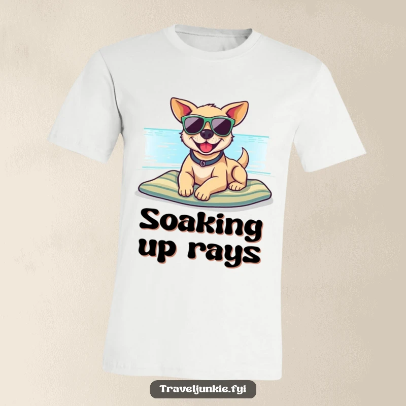 Funny t-shirt showcasing a smiling dog in sunglasses, lounging on a beach, perfect for summer fun and a great funny gift.