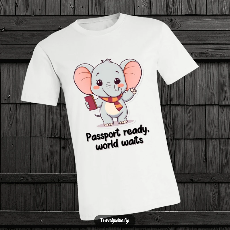 Funny elephant t-shirt, excited character waving goodbye with passport, perfect humorous travel gift for him or her.