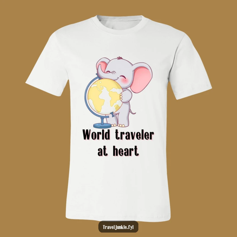 Funny Elephant World Traveler T-Shirt: Smiling giant and globe, ideal funny gift for explorers