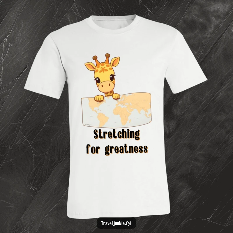 Funny Giraffe Map Explorer T-Shirt: A happy giraffe's head peeks over a detailed map, showcasing a sense of wonder and exploration.