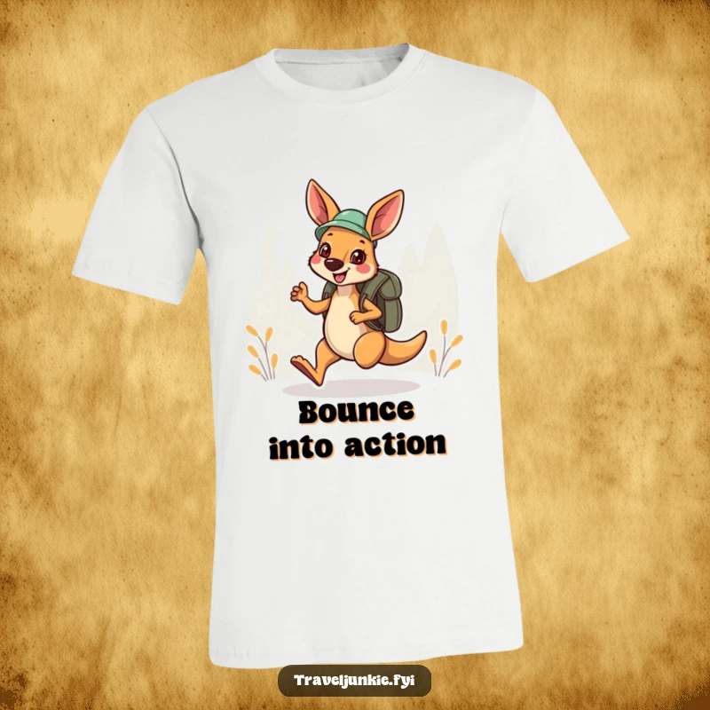 Funny T-Shirt: A cheerful kangaroo explorer hops joyfully with a backpack, embodying fun adventure.