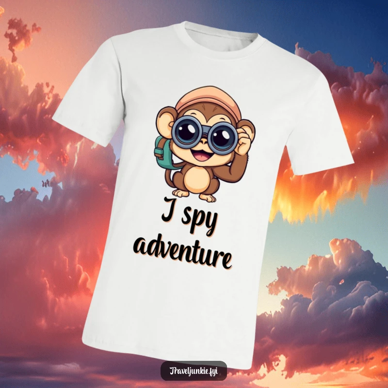 Funny Monkey Traveler T-Shirt: A curious monkey adventurer with binoculars, peeking out adventurously, perfect for a funny gift.