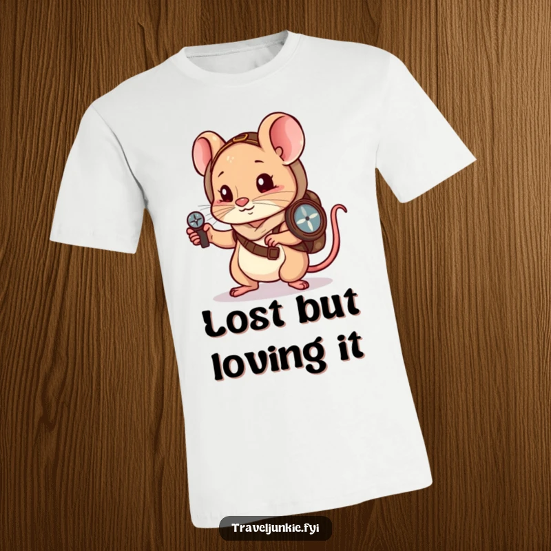 Funny T-Shirt: A small mouse wanderer uses a compass to navigate, representing funny journeys.