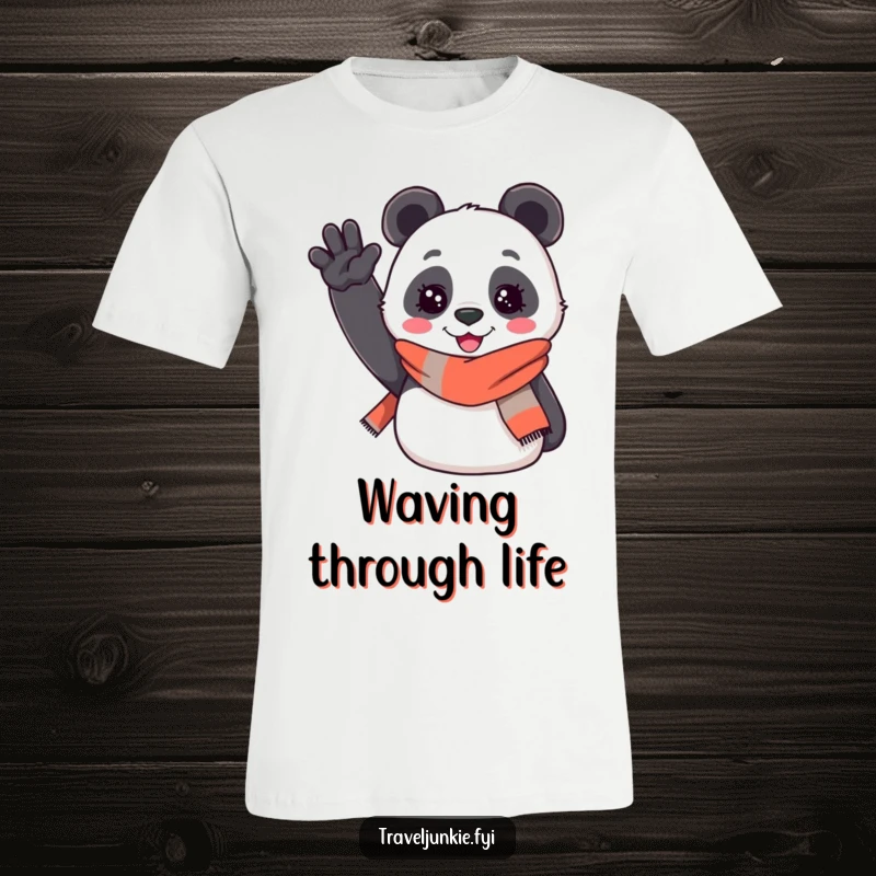 Funny t-shirt: a cheerful panda in a travel scarf enthusiastically waves hello, showcasing friendly and humorous travel greetings.