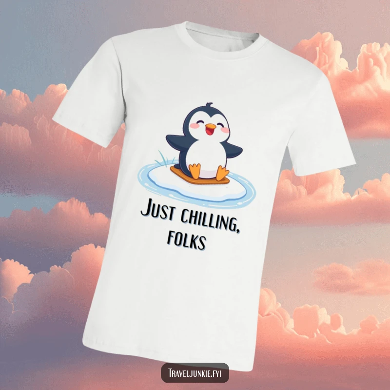 Funny t-shirt depicting a joyful penguin character gracefully sliding on a slick frozen lake, spreading cheer.