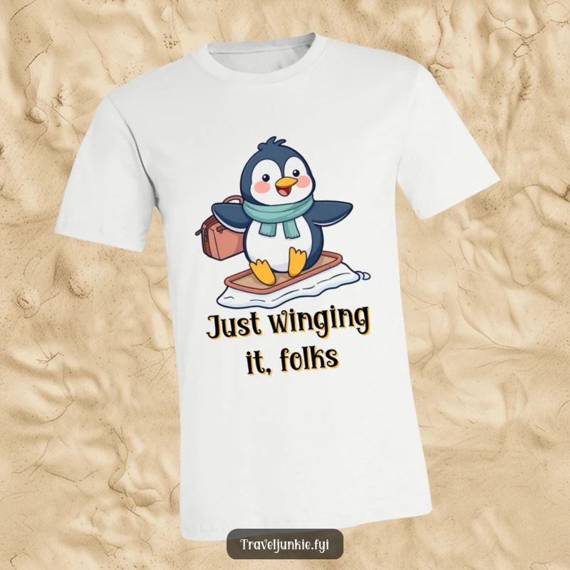 Funny penguin character sliding with a travel bag on ice, looking happy and ready for an arctic adventure, making it a funny gift tee.