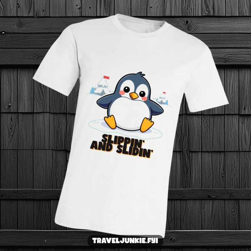 Funny penguin t-shirt showcasing a playful character joyfully sliding on an icy graphic, perfect for casual wear and winter vibes.