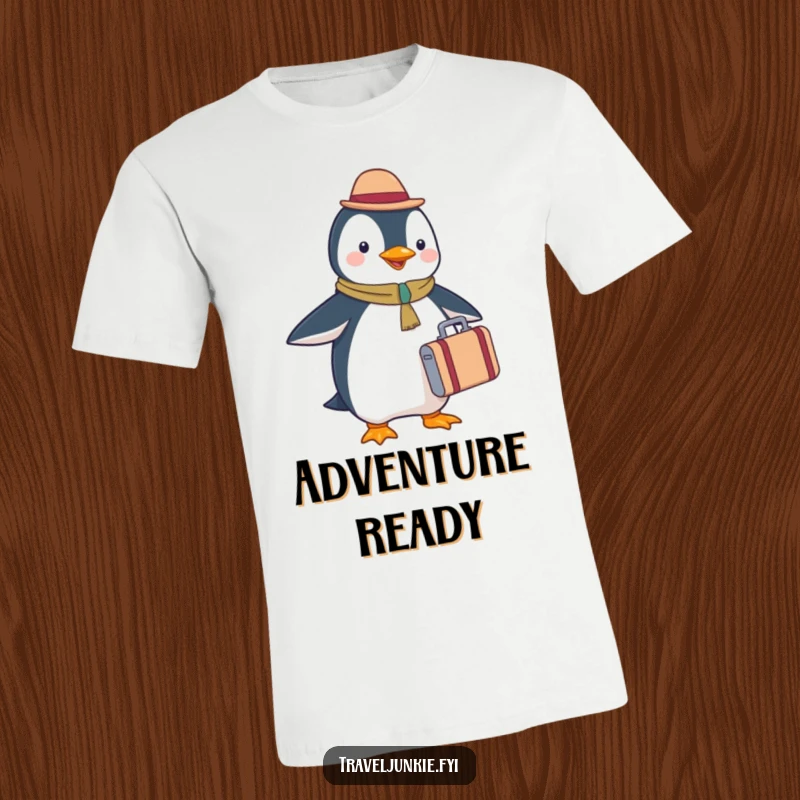 Funny penguin tourist t-shirt, holding a tiny suitcase, happy and excited, perfect for travel enthusiasts.