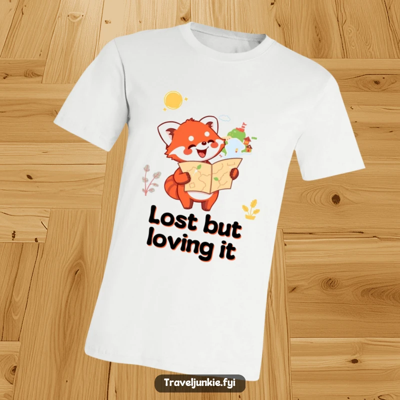 Funny Red Panda T-Shirt: A happy red panda holds a map and enthusiastically points towards an exciting, unknown destination.
