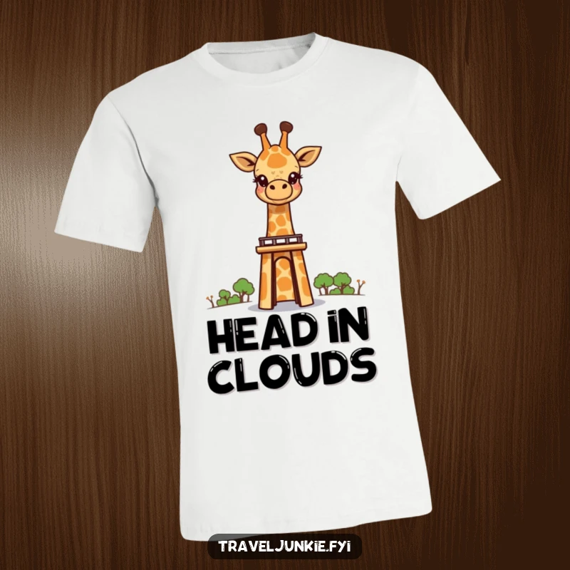 Funny giraffe character with a long neck, peeking over a towering landmark, printed on a comfortable T-shirt.