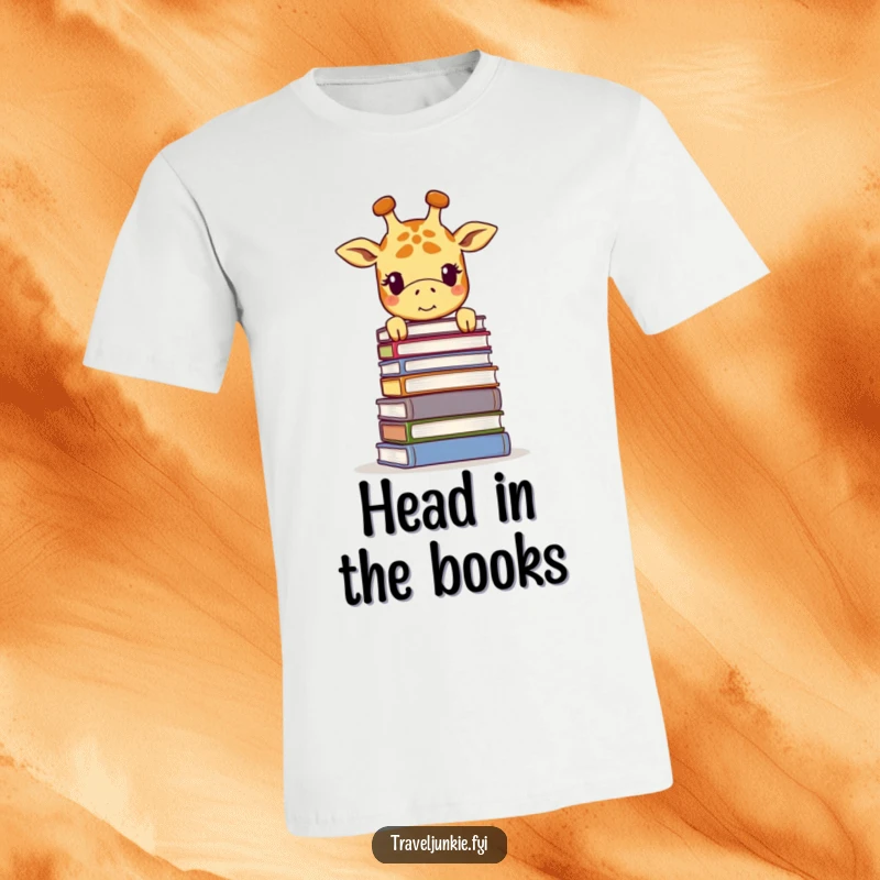 Funny giraffe t-shirt, a smiling giraffe peeking over a towering stack of books, celebrating knowledge and curiosity.