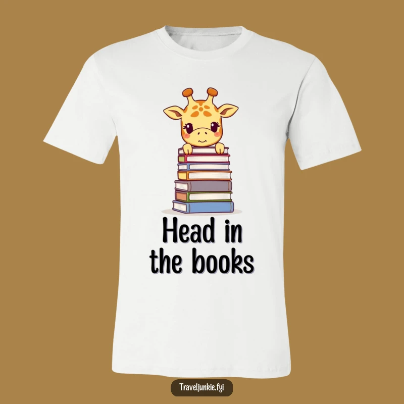 Funny Giraffe Book Stack T-Shirt - Smiling Reader Character Tee Gift