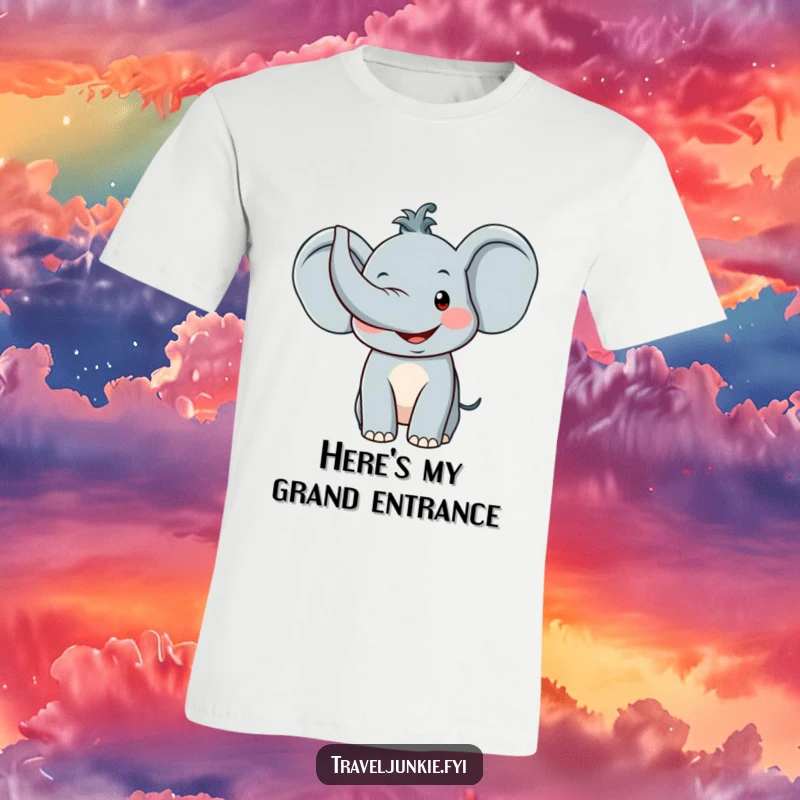 Funny Elephant T-Shirt: A cute, smiling elephant character with its trunk raised in a warm, welcoming greeting, perfect for casual wear.