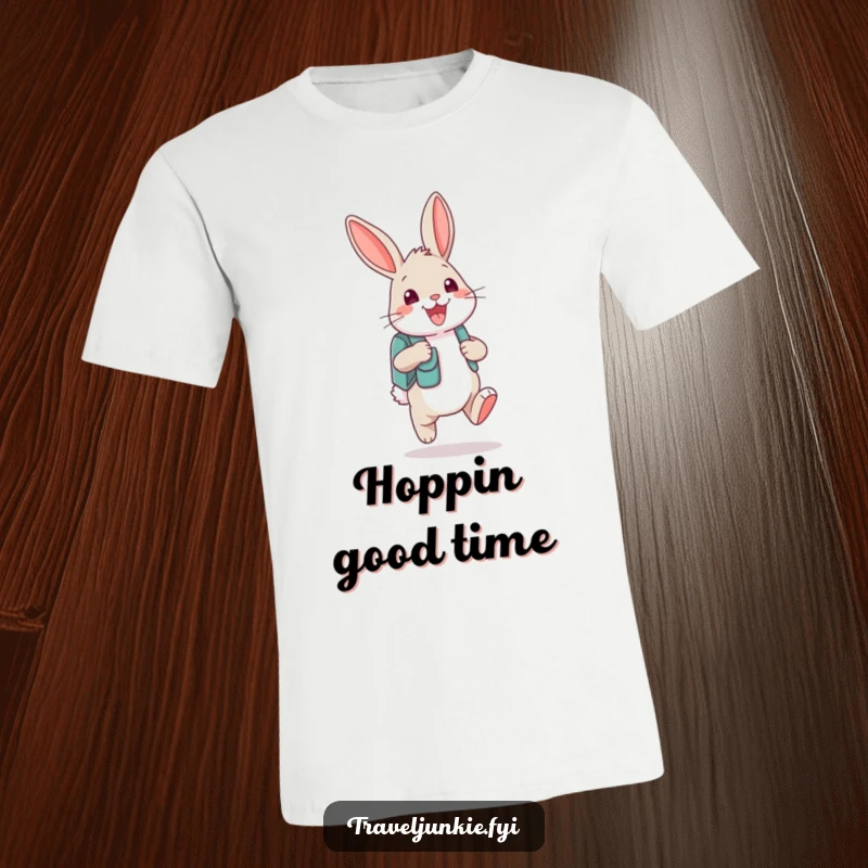 Funny bunny character bouncing excitedly, wearing a small backpack and smiling widely, on a humorous t-shirt.
