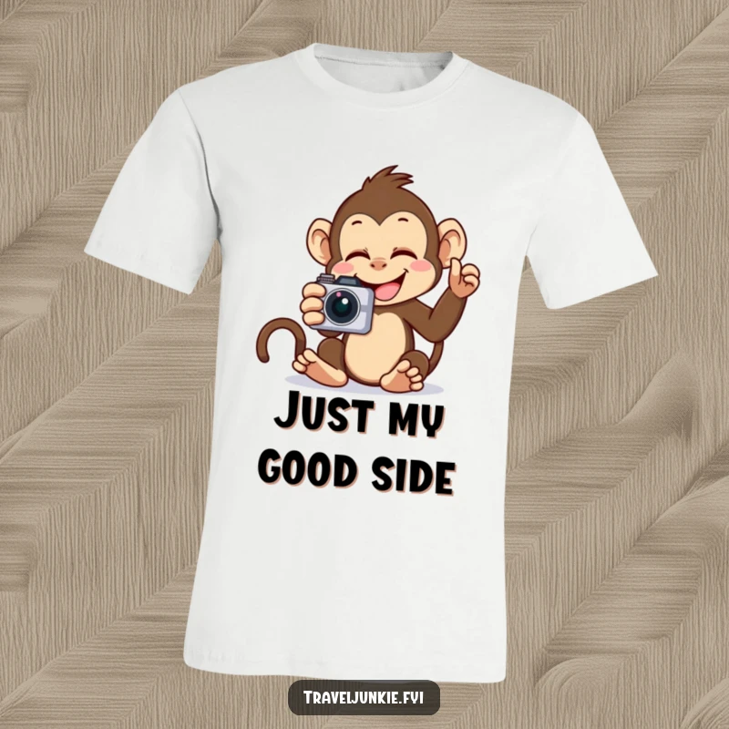 Funny Monkey Selfie T-Shirt: A giggling monkey holding a camera, expertly taking its own photo, showcasing pure joy.