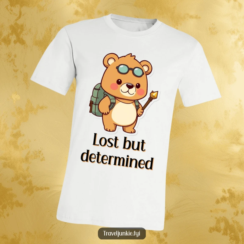 Funny t-shirt features a determined bear with a backpack and compass, ready for adventure with humorous resolve.