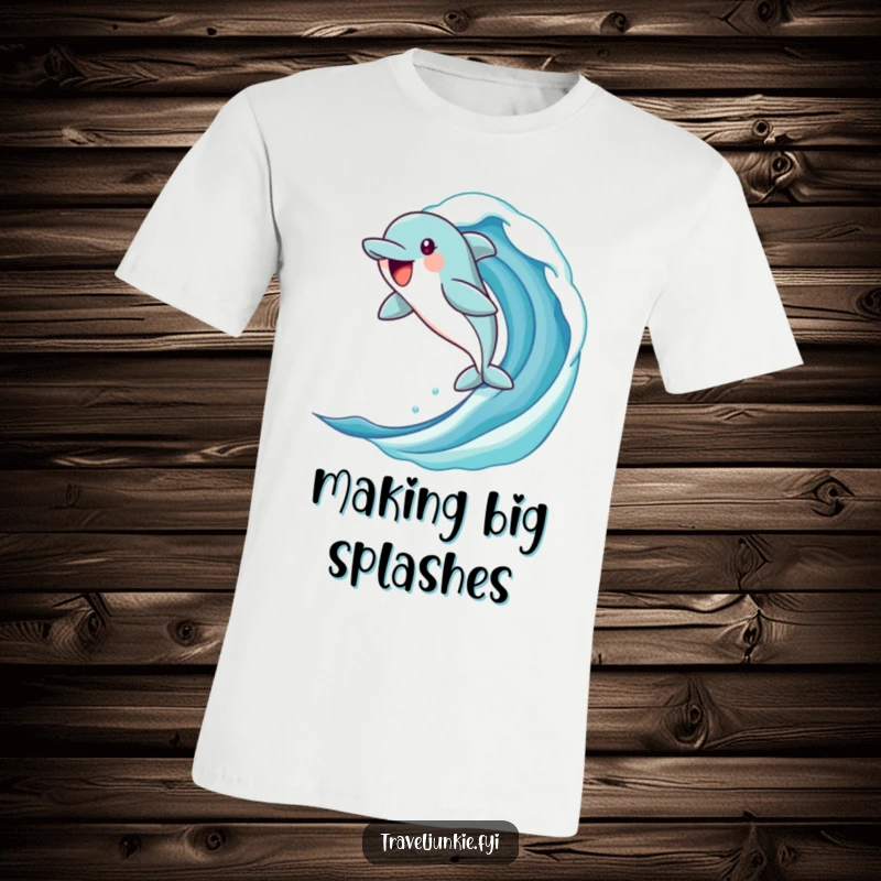 Funny dolphin t-shirt showcasing a jubilant character leaping from a stylized ocean wave, ideal for beach days and water activities.