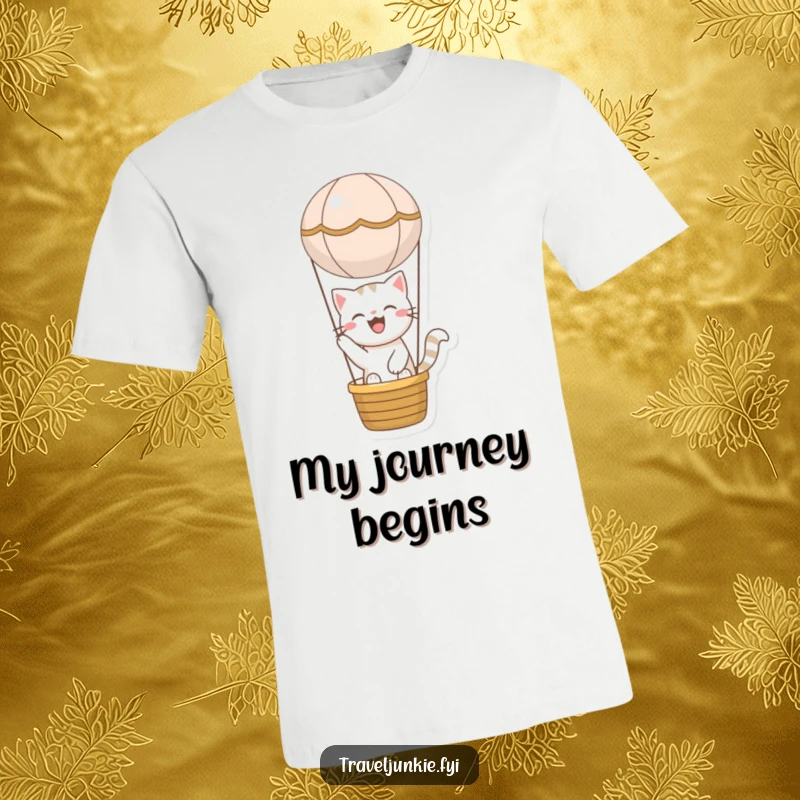 Funny cat t-shirt featuring a joyful character adventuring in a miniature hot air balloon, showcasing humorous delight and escapism.